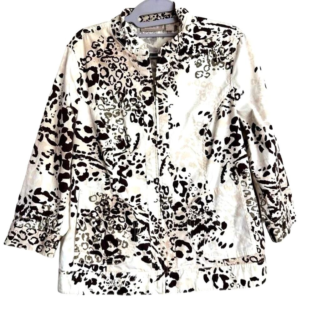 Chico's Top Womens Size 1 Medium US 8 Black‎ Off White Leopard Print Jacket